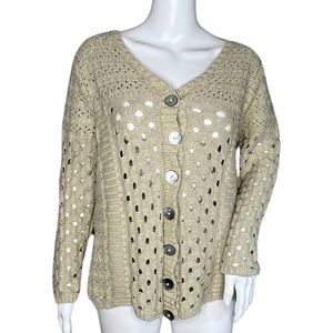 Pure Handknit‎ Sweater Womens Large Tan Cardigan Open Knit Button Front Neutral